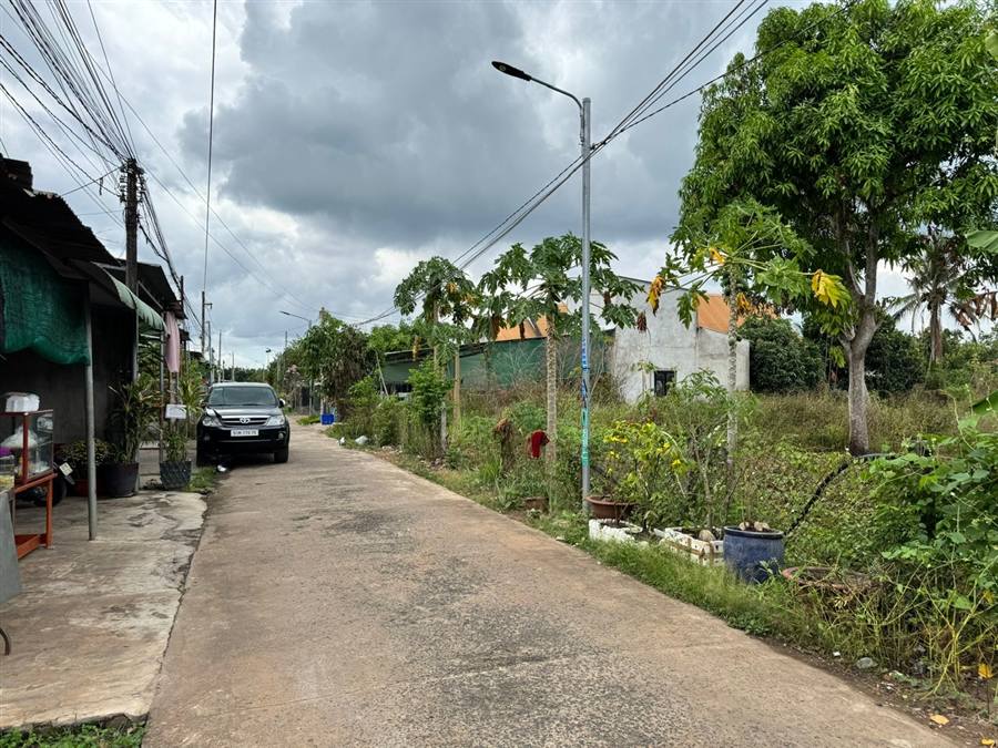 Đường vào có đèn đường, nhà dân hai bên