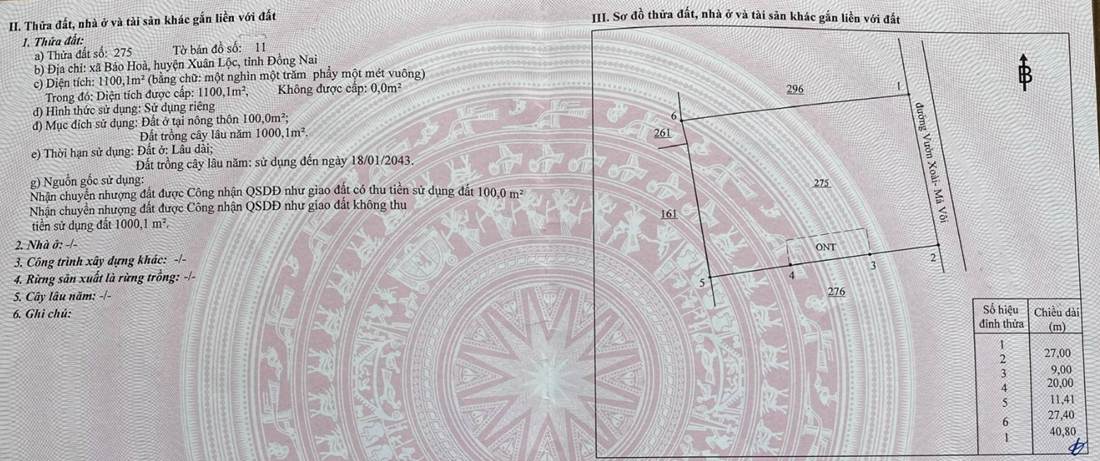 Trang sổ: Thửa 275 · tờ 11